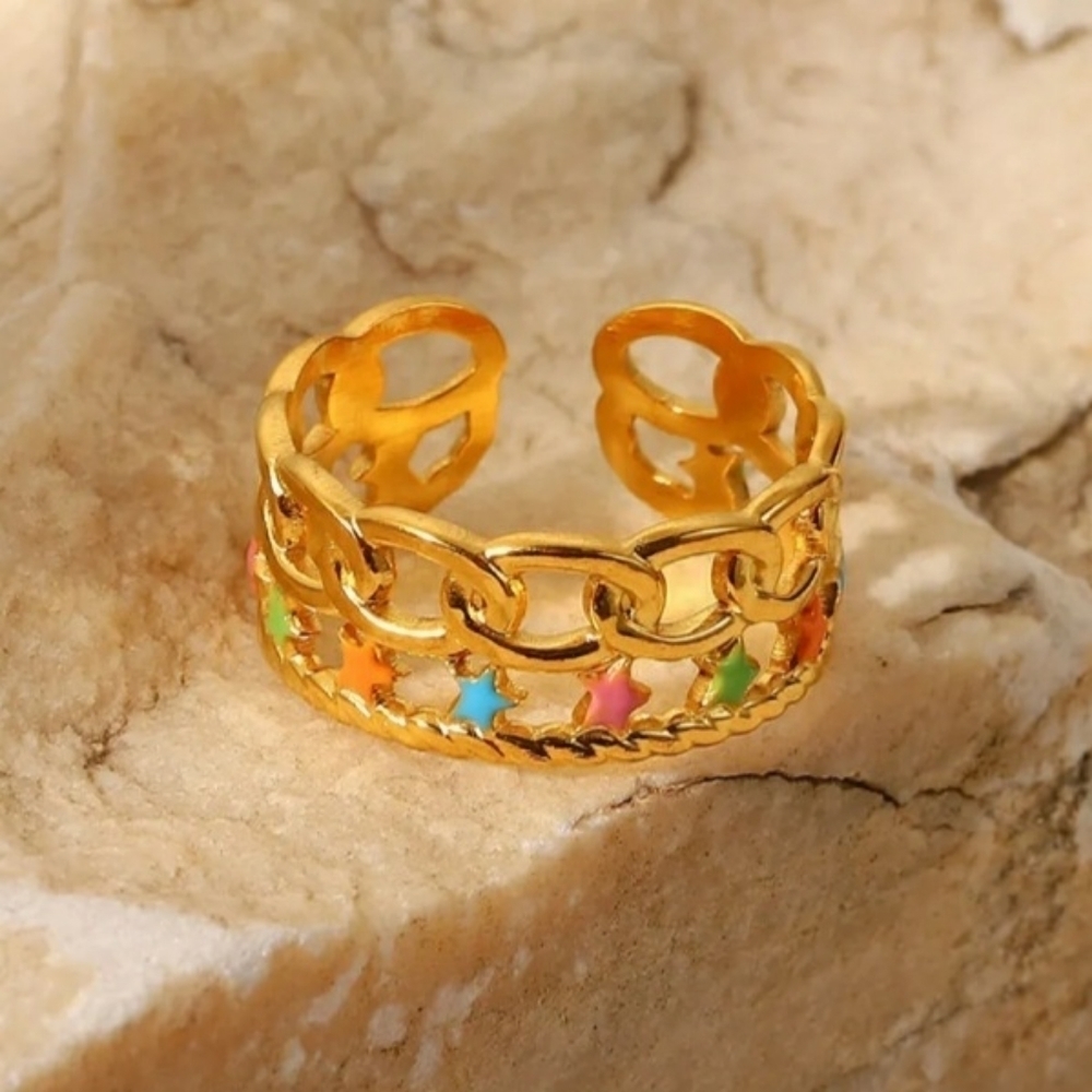 Ring Colorful Star Steel Multi-color On Gold Tone Open-end - Picture 11 of 11